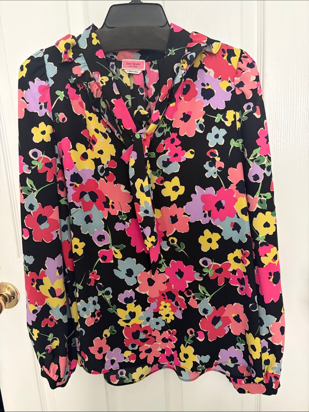 Kate Spade Black Floral Tie-Neck Blouse with Bright Multicolor Blooms